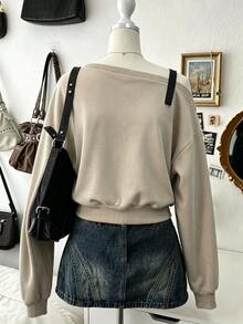Lalippa Women's Asymmetrical Shoulder Eyelet Buckle Design Long Sleeve Casual Sweatshirt - Khaki - View 2