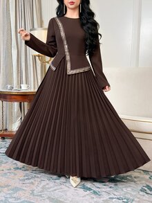 Feyla Women's Elegant Long Dress With Patchwork Sequin Trim And Pleated Hem - Coffee - View 6