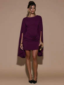 SHEIN BAE Fall Winter Plum Purple Cape Sleeve Round Neck Bodycon Ruched Sexy Mini Dress Thanksgiving Party Cocktail Short Dresses - Rose Red - View 3