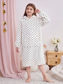 SHEIN Tween女孩秋冬休閒保暖內裡加厚雙面珊瑚絨黑白波點印花寬鬆連帽長版套頭睡袍居家服 - 黑與白 - 查看 7