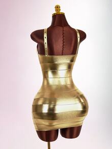 Amplova Women's Metallic Fabric Sexy Mini Dress - Gold - View 2
