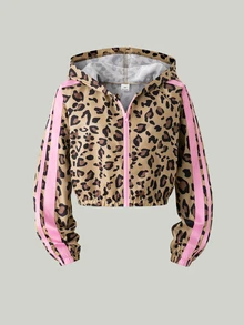 SHEIN 青少年女孩 3 件套秋季套裝：豹紋拉鍊連帽外套 + 粉色細肩帶背心 + 鬆緊寬腿長褲，酷感日常穿搭 - 粉色 - 查看 3