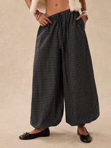 Easelle Vintage Bohemian Low Waist Wide Leg Plaid Women's Long Pants - Multicolor - View 5