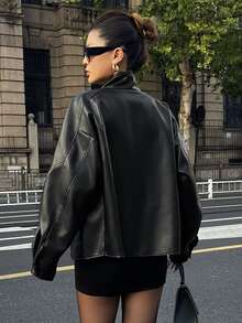 Strévra Women's Solid Color PU Leather Long Sleeve Zipper Front Casual Jacket Fall - Black - View 2