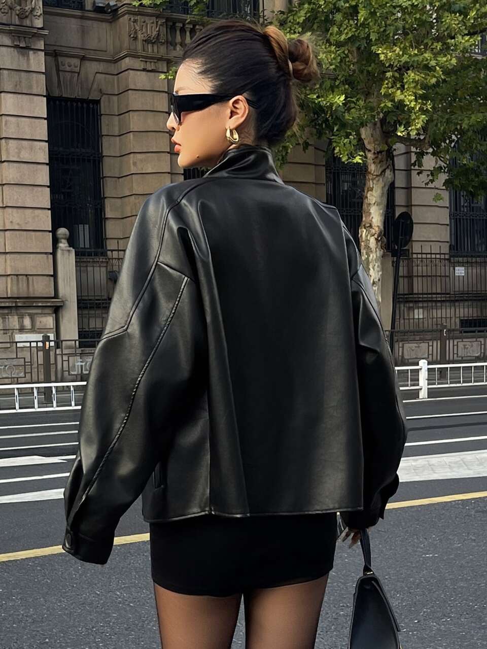 Women's Solid Color PU Leather Long Sleeve Zipper Front Casual Jacket Fall