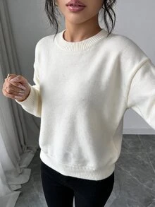 SHEIN Elenzya Elegant Round Neck Long Sleeve Back Slit Niche Design Women's Sweater - White - View 3