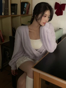 DAZY Solid Color Brushed Loose Fit Cropped Asymmetric V-Neck Long Sleeve Elegant Vacation Girl Korean Style Spring Autumn Knit Sweater For Women - Mauve Purple - View 2