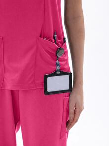 TaskEZ Women's Matte Wrap Top With 2 Pockets And Princess Seams On Back - Hot Pink - View 4