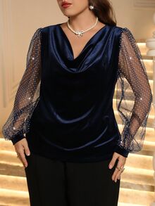 EMERY ROSE Women's Plus Size Blue Velvet Patchwork Sequin Mesh Long Sleeve Cowl Neck Top - Blue - View 5