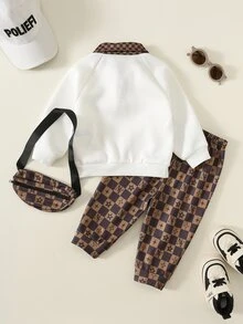 SHEIN 男嬰 3 件組秋冬保暖內裡加厚拼色拼接翻領運動衫套裝附包包，多件式冬季套裝，運動服，街頭風 - 棕色 - 查看 3