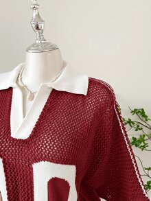 SHEIN EZwear 大尺碼女款數位印花落肩針織鏤空上衣 - 紅色 - 查看 7