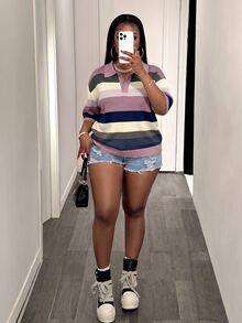 Slaydiva Plus Size Women's Colorblock Casual Daily Wear Knit Top - Multicolor - View 5