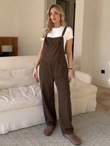SHEIN 孕婦口袋設計休閒百搭牛仔吊褲 - 棕色 - 查看 3