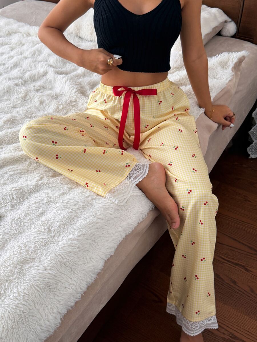 CottageSlumber Dopamine Wide Leg Pants Women Summer Thin Cherry Print Loungewear Pajama Pants - Yellow - View 1