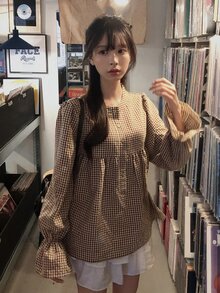 DAZY Blus Longgar Motif Kotak-kotak Lengan Panjang dengan Hiasan Rumbai di Bagian Bawah, Atasan Kasual untuk Liburan Musim Semi dan Gugur untuk Wanita - Coklat - View 2
