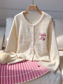 Comfortcana Women's Autumn/Winter Casual Cute Fairy Bow Embroidery Cardigan Brunch Pink - Apricot - View 5