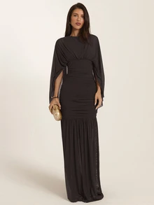 SHEIN BAE Women's Solid Color Round Neck Batwing Sleeve Pleated Elegant Dress - Coffee Brown - View 3