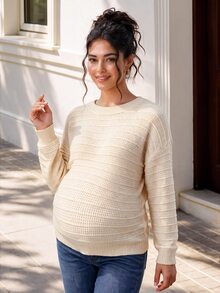 Momance Maternity Solid Color Drop Shoulder Long Sleeve Sweater With Bow Back Decor Photoshoot Formal White Fall And Winter Maternity Casual - Apricot - View 5