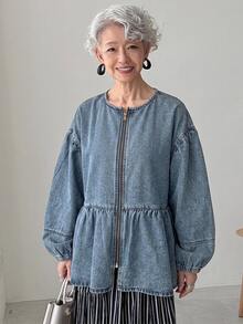 FRIFUL Jaket Denim Kasual Wanita Paruh Baya, Leher Bulat, Bahu Longgar, Lengan Panjang, Resleting Depan, Hem Berumbai, Musim Gugur - Biru - View 4