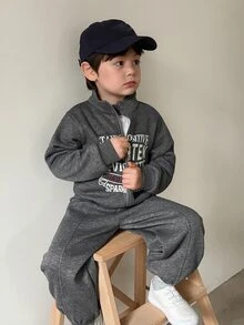 DAZY Baby Boy Slogan Print Zip-Up Jacket And Long Pants Casual Set Fall - Grey - View 8