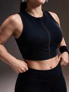Powerista Women's Plus Size Spring&Summer Solid Color Zipper Front Halter Neck Sports Bra Gym Running Fitness Workout Going Out Autumn High-Support Adjustable - Black - View 3