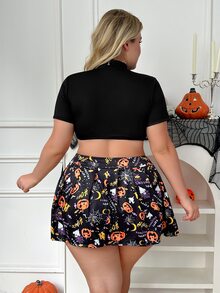 Fantasy Costume Fantasy Costume Plus Size Halloween Lace-Up Top Pumpkin Print Pleated Skirt 3pcs Set - Black - View 2