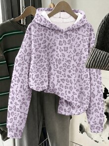 女童休閒極簡復古學院風紫色豹紋寬鬆圓領舒適加厚長袖衛衣，適合秋冬，秋冬女童衛衣，時尚女孩甜美風 - 彩色 - 查看 8