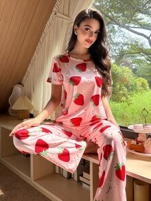Dream Adore Women's Strawberry Print Short Sleeve Top And Long Pants Pajama Set - Multicolor - View 6