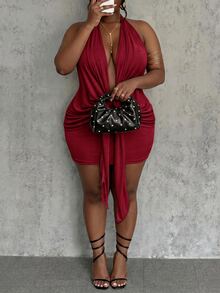 Slaydiva 夏季新款優雅派對性感度假海灘露背抓皺扭結杏色亮面冰絲女款大尺碼迷你洋裝 - 酒紅色 - 查看 3