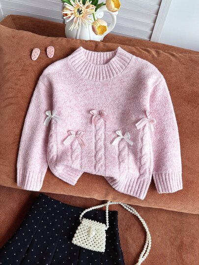 SHEIN Girls' Casual French Style Cute Bow Pullover Sweater, Winter Long Sleeve Knit Top, New Fashion Round Neck Soft Comfortable, Suitable For Daily Wear, School, Outings, Gatherings, Winter