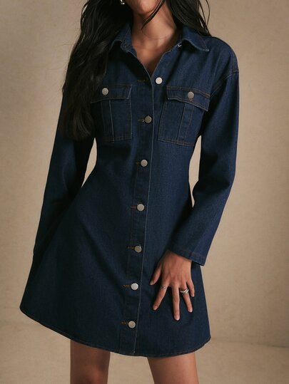 Poéselle Women's Single-Breasted Denim Dress, Long Sleeve Utility Pocket A-Line Jean Dress, Casual Elegant Vintage Fall Outfit Mini Dress