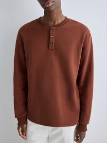 Merionis Men's Solid Color Long Sleeve Button Half-Placket Casual Sweatshirt - Mocha Brown - View 6