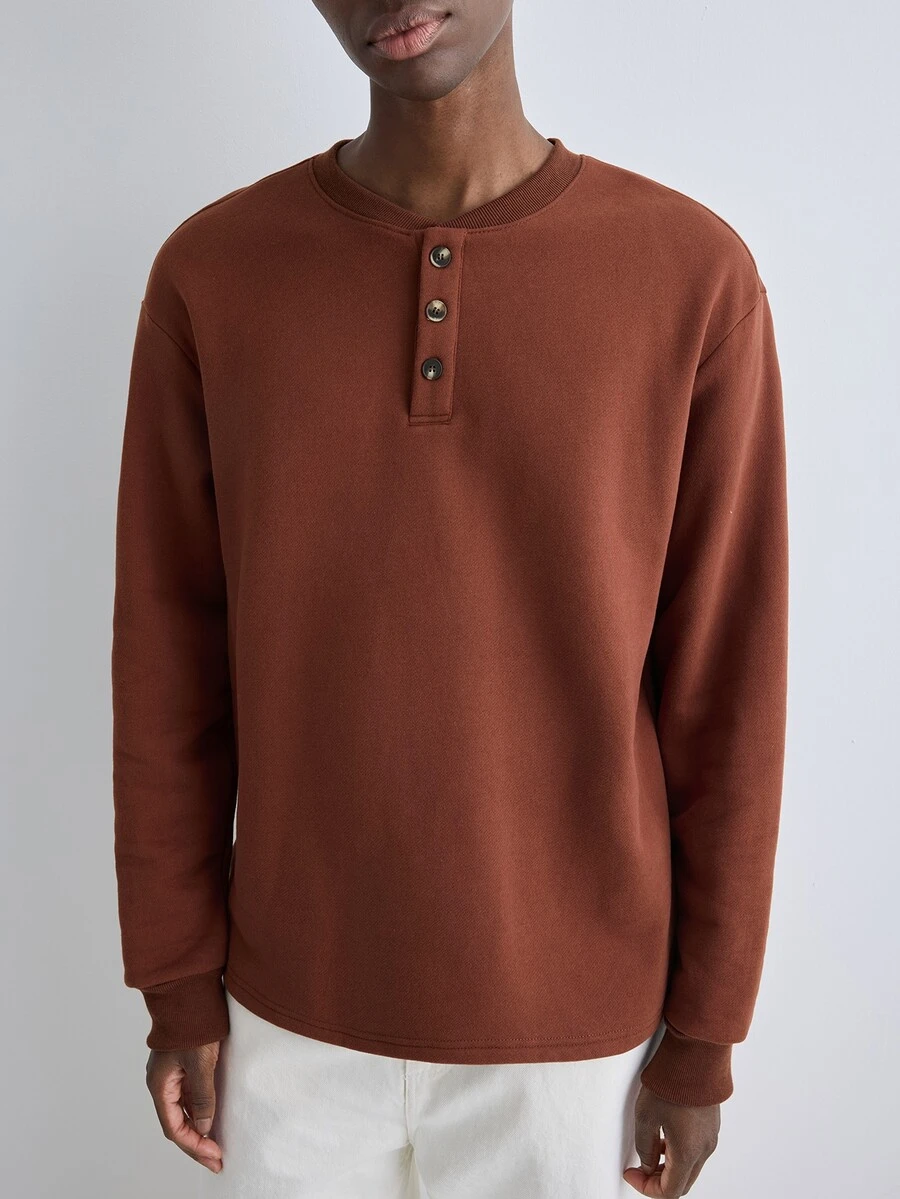 Merionis Men's Solid Color Long Sleeve Button Half-Placket Casual Sweatshirt - Mocha Brown - View 1