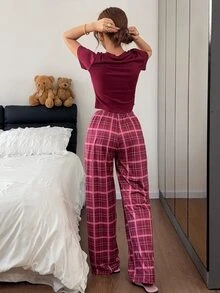 Napfluff Plaid Knit Short Sleeve Pajama Set, Casual Women's Loungewear - Burgundy - View 2