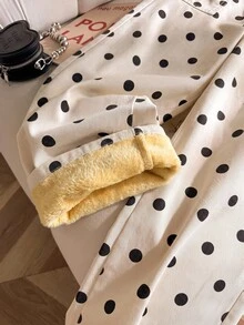 Comfortcana 女款高腰寬鬆寬腿波點印花牛仔褲，附彈性腰頭與口袋 - 黑與白 - 查看 2