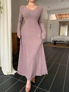 DAZY Women's Solid Color V-Neck Long Sleeve Elegant Dress Fall - Pink - View 3