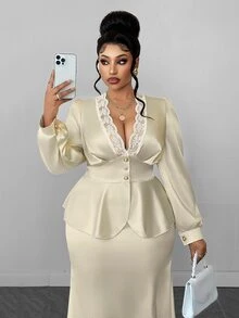 Maweii Plus Size Women's Elegant Party Casual Commute Slim Fit Puff Short Sleeve Lace Deep V-Neck Sexy Beige Blouse - Beige - View 1