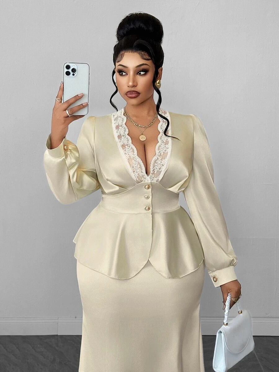 Maweii Plus Size Women's Elegant Party Casual Commute Slim Fit Puff Short Sleeve Lace Deep V-Neck Sexy Beige Blouse - Beige - View 1