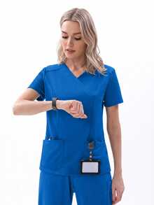 TaskEZ Women's Matte Wrap Top With 2 Pockets And Princess Seams On Back - Royal Blue - View 5