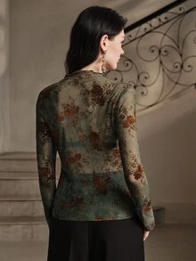 Anewsta Spring/Summer Morandi Grey Green Flocked Floral Mesh Base Layer, Wavy Lace Trim Slim Fit Long Sleeve Inner Top - Green - View 7