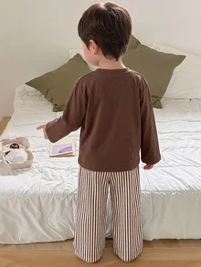 DAZY Baby Boys Round Neck Korean Style Long Sleeve Top And Striped Long Pants 2 Pieces Set Loungewear - Khaki - View 2