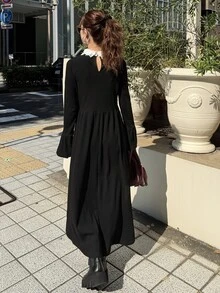 FRIFUL 女款秋季蕾絲對比領收腰羅紋長洋裝 - 黑色 - 查看 2