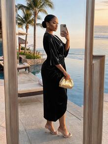 SHEIN Lady CURVE Plus Size Elegant Party Knot Waist Dress - Black - View 2