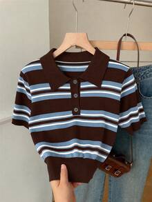 SHEIN EZwear 女款條紋 Polo 領短袖休閒針織上衣 - 藍色 - 查看 7