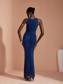 JIAN LASALA Mesh V Neckline Ruched Cutout Sleeveless Elegant Long Dress Vacation Party - Blue - View 2