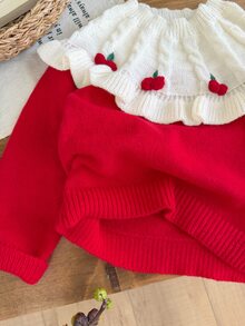 SHEIN Vintaside Kids 女童開學季秋冬紅色甜美毛衣，絲綢蕾絲下擺，優雅公主娃娃風，柔軟紗線，萬聖節、新年、聖誕節適用 - 彩色 - 查看 8