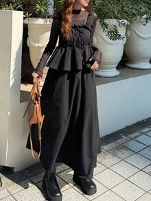 FRIFUL Women's Mesh Patchwork Pleated Casual Party Long Dress Vacation - Black - View 3