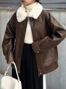 FRIFUL Women's Fur Collar Long Sleeve PU Leather Casual Loose Regular Fit Jacket - Brown - View 5