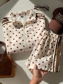 Comfortcana Women's Polka Dot Print Zipper Front Jacket And Shorts Casual 2 Pieces Set - Apricot - View 9
