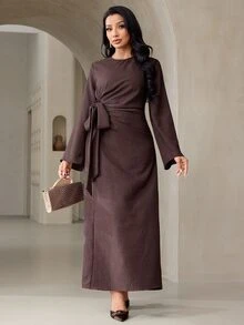 Veilorie Women's Solid Color Round Neck Long Sleeve Side Knot Long Dress - Coffee - View 4